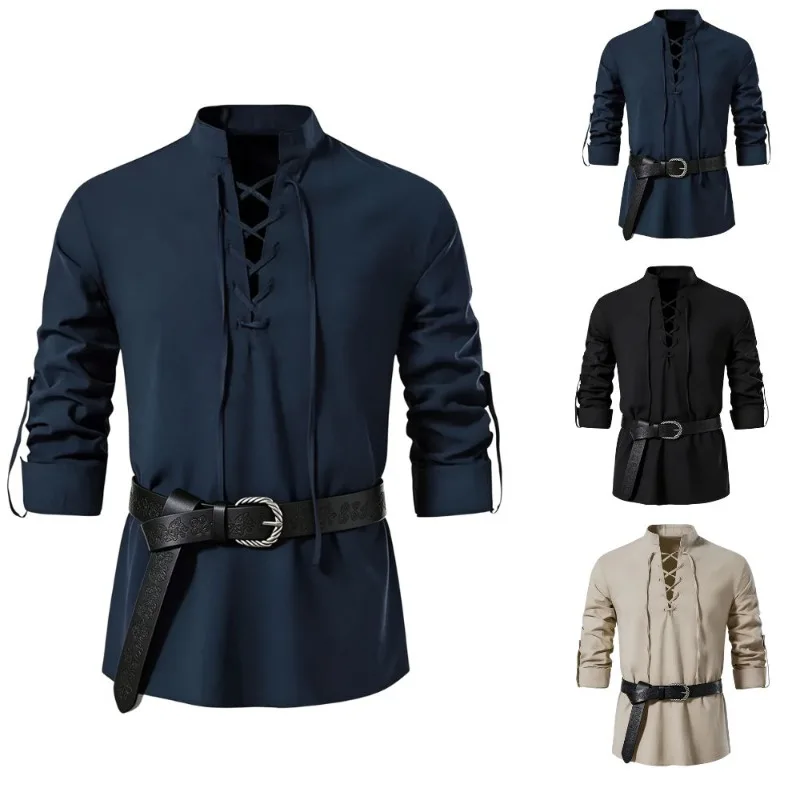 Medieval Gothic Lace Up Pirate Shirt - Herren-Mittelalterhemd im Wikinger-Stil, Stehkragen, Schnürung, lange