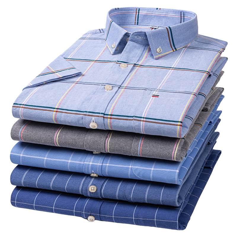 Oxford Cotton Casual Shirt Business - Qualität Männer Shirt Kurzarm Plaid Striped