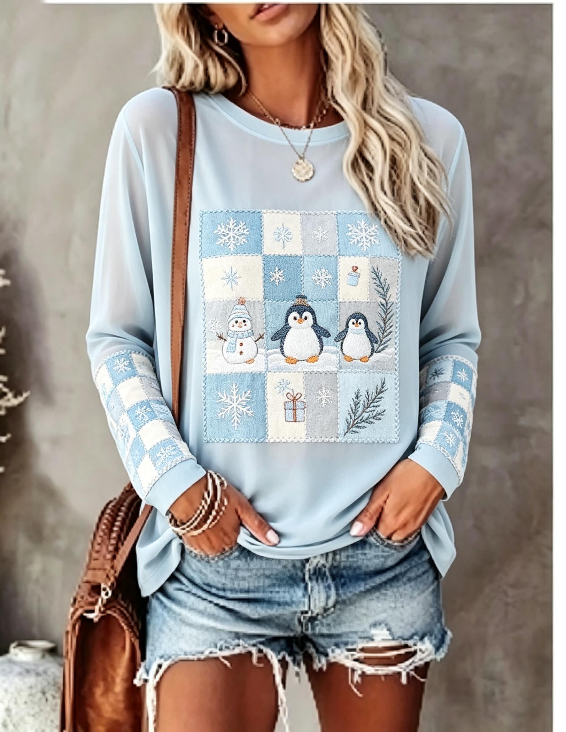 T-Shirts - Damen-Langarm-T-Shirt mit Fuchs-Kaninchen-Patchwork, Rautenmuster, Tannenzapfen-, Beeren-