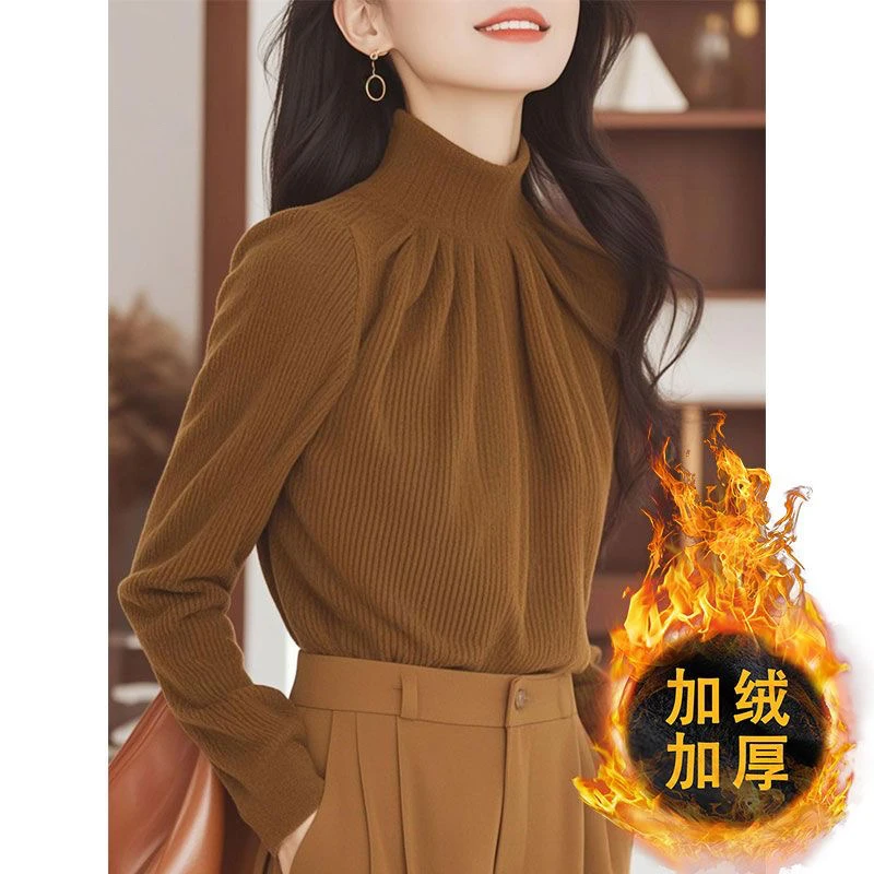 Shirts - Damen Bluse in Mokkaton mit Fleecefutter,