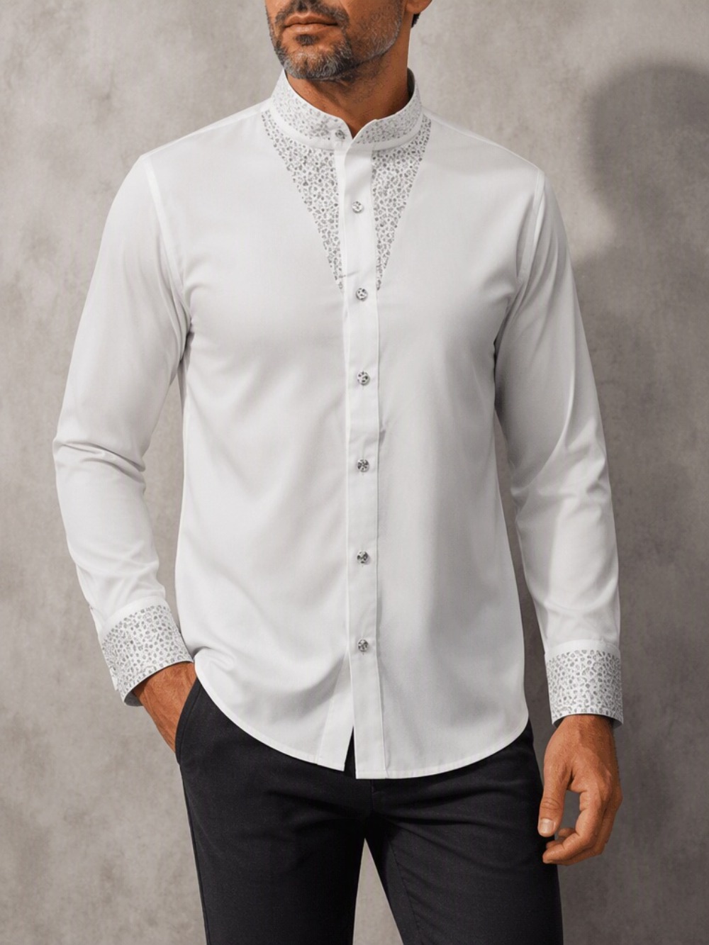 Mandarin Collar Formal Shirt Slim Fit - Herren-Freizeit-Business-Bluse, modisches, luxuriöses Design mit Strasssteinen,